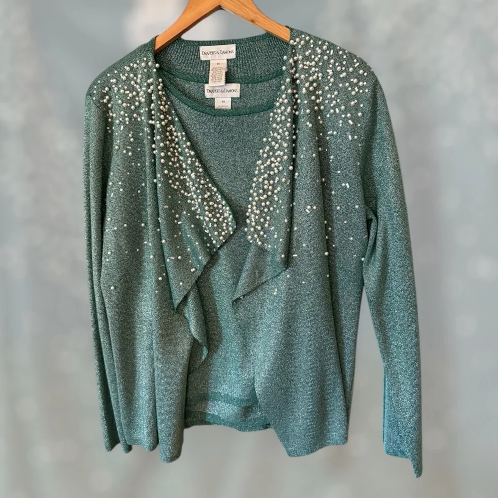 Women's Draper's & Damon's Green Beaded Cardigan M